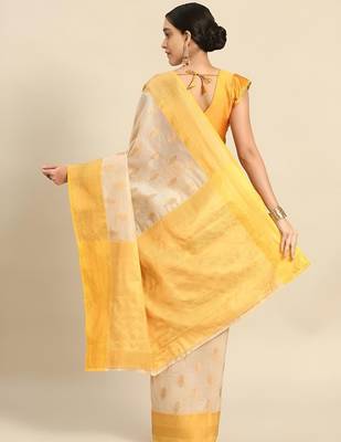 Cream gold tissue woven zari work saree with blouse 2