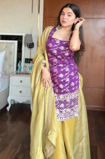 Purple Kurta with yellow Palazzo Set with dupatta