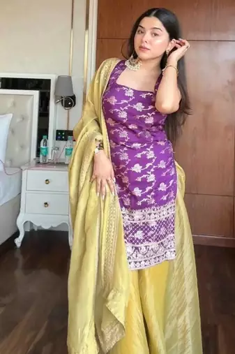 Purple Kurta with yellow Palazzo Set with dupatta