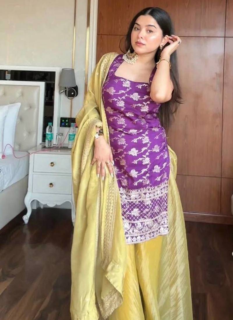 Purple Kurta with yellow Palazzo Set with dupatta