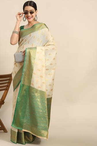 Cream gold tissue woven zari work saree with blouse