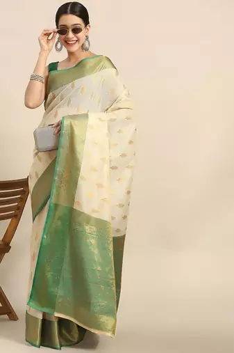 Cream gold tissue woven zari work saree with blouse