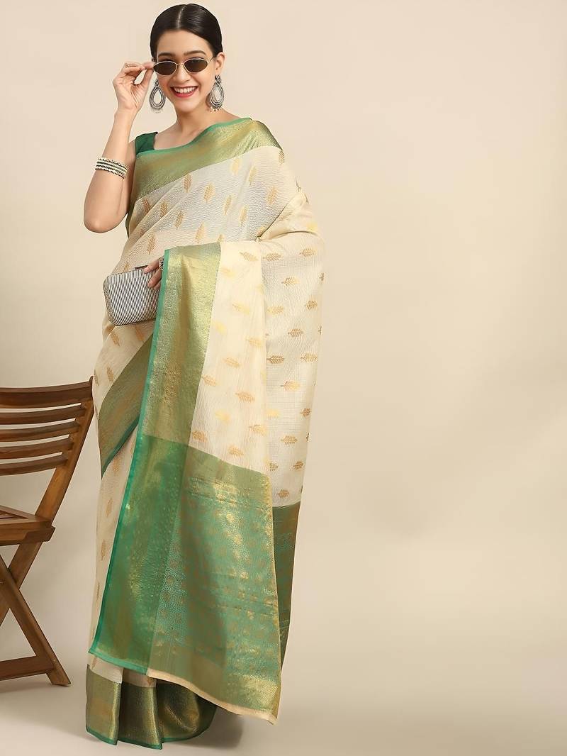 Cream gold tissue woven zari work saree with blouse