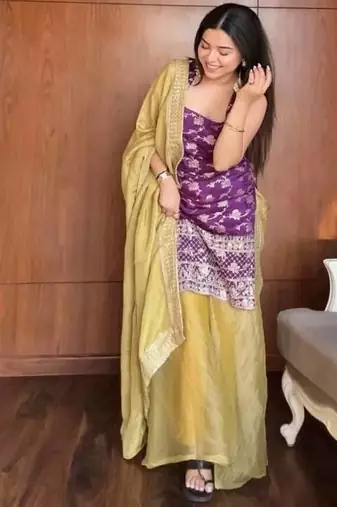 Purple Kurta with yellow Palazzo Set with dupatta
