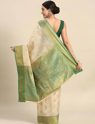 Cream gold tissue woven zari work saree with blouse 2