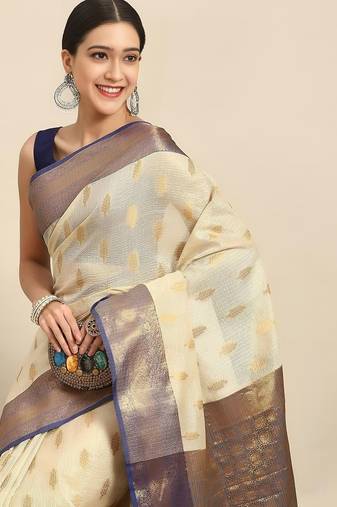 Cream dark blue tissue woven zari work saree with blouse