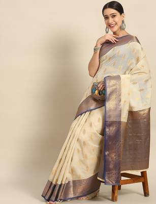 Cream dark blue tissue woven zari work saree with blouse 2