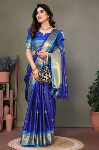 Blue pure silk woven zari work saree with blouse