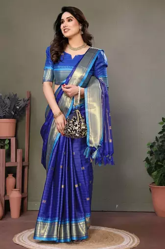 Blue pure silk woven zari work saree with blouse