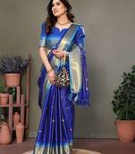 Blue pure silk woven zari work saree with blouse