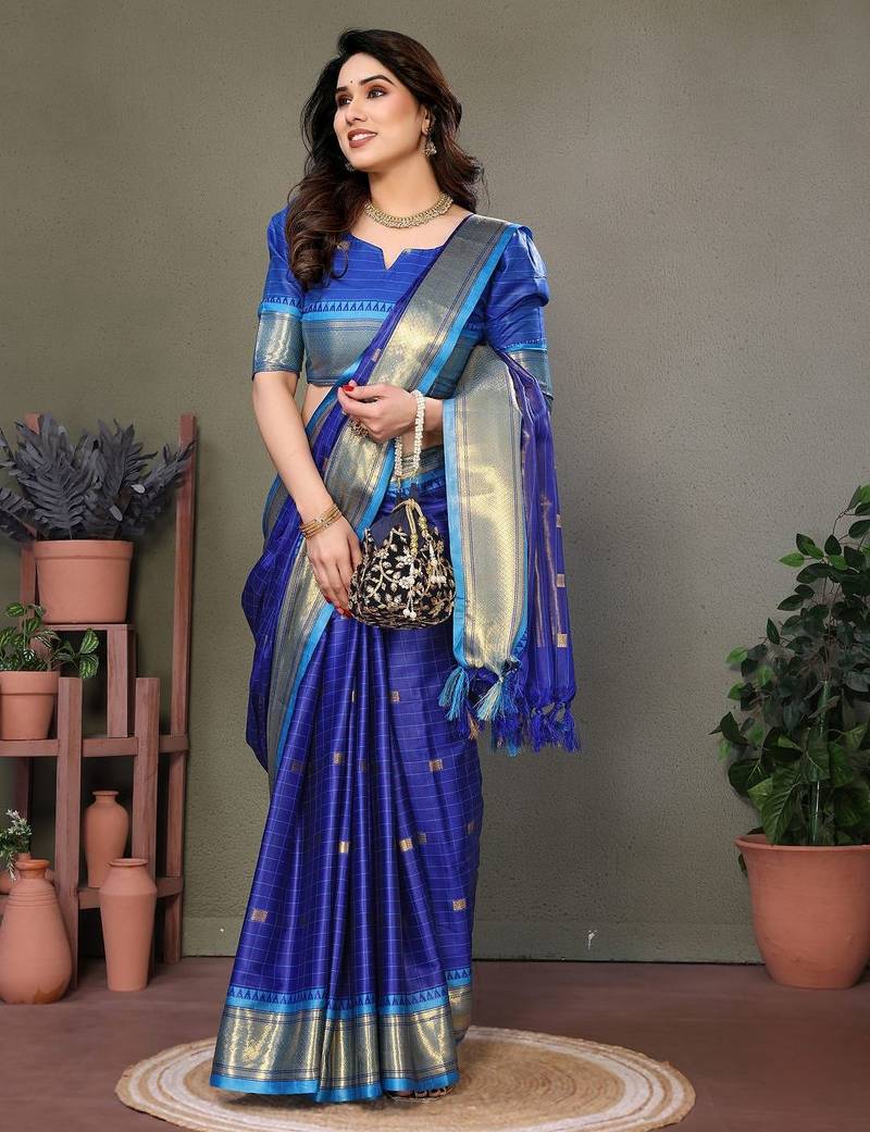 Blue pure silk woven zari work saree with blouse