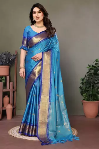 Light blue pure silk woven zari work saree with blouse
