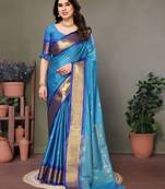 Light blue pure silk woven zari work saree with blouse