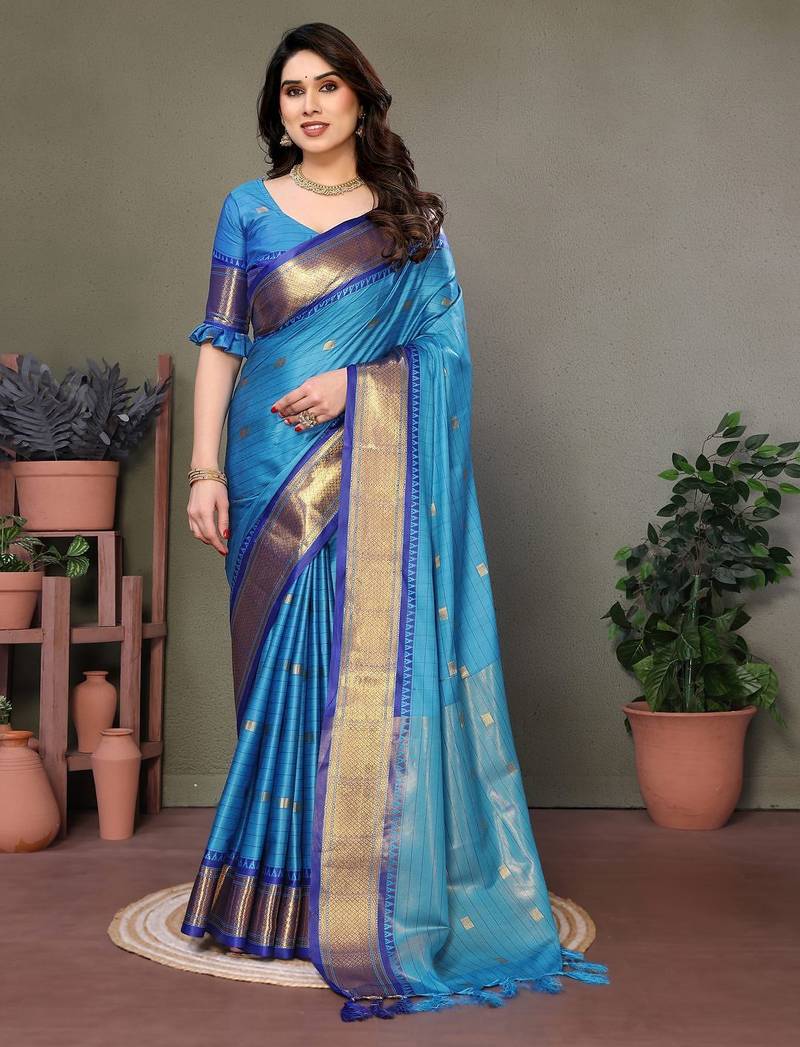 Light blue pure silk woven zari work saree with blouse