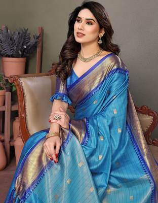 Light blue pure silk woven zari work saree with blouse 2