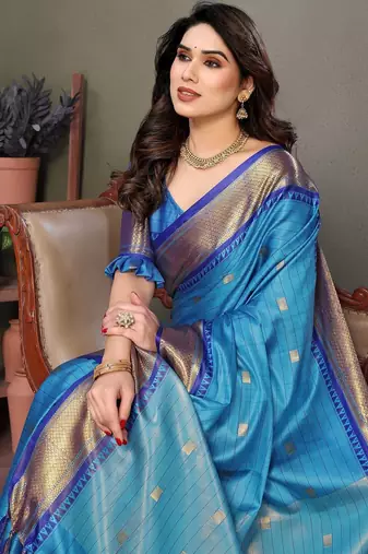 Light blue pure silk woven zari work saree with blouse