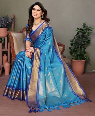 Light blue pure silk woven zari work saree with blouse 3