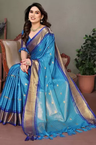 Light blue pure silk woven zari work saree with blouse