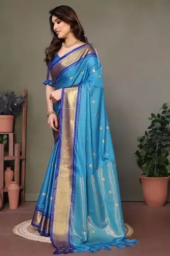 Light blue pure silk woven zari work saree with blouse