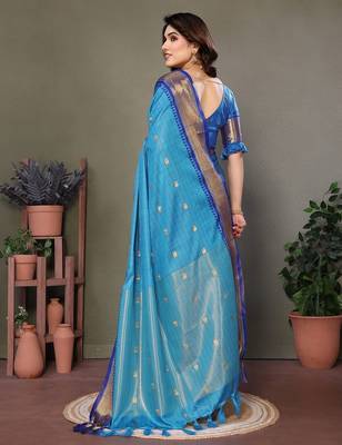 Light blue pure silk woven zari work saree with blouse 5