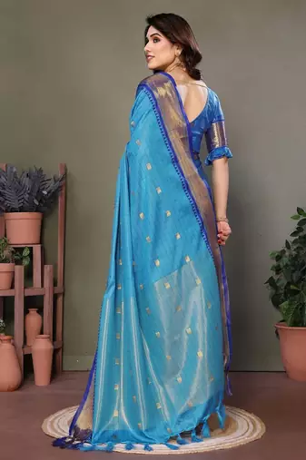 Light blue pure silk woven zari work saree with blouse
