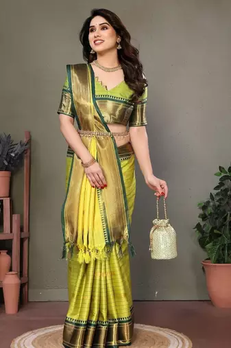 Light green pure silk woven zari work saree with blouse