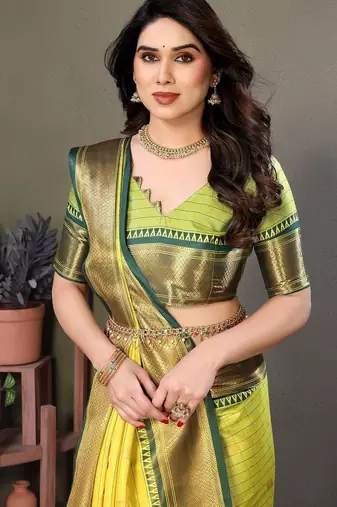 Light green pure silk woven zari work saree with blouse