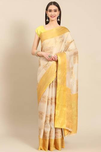 Cream gold tissue woven zari work saree with blouse