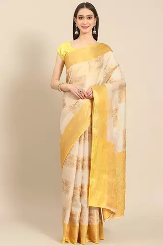 Cream gold tissue woven zari work saree with blouse