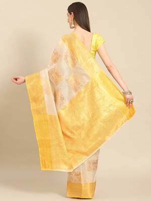 Cream gold tissue woven zari work saree with blouse 2