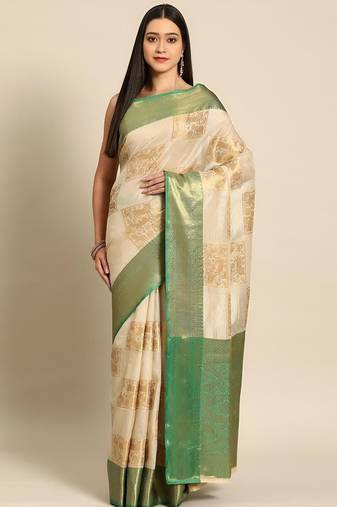 Cream green tissue woven zari work saree with blouse