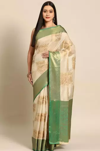 Cream green tissue woven zari work saree with blouse