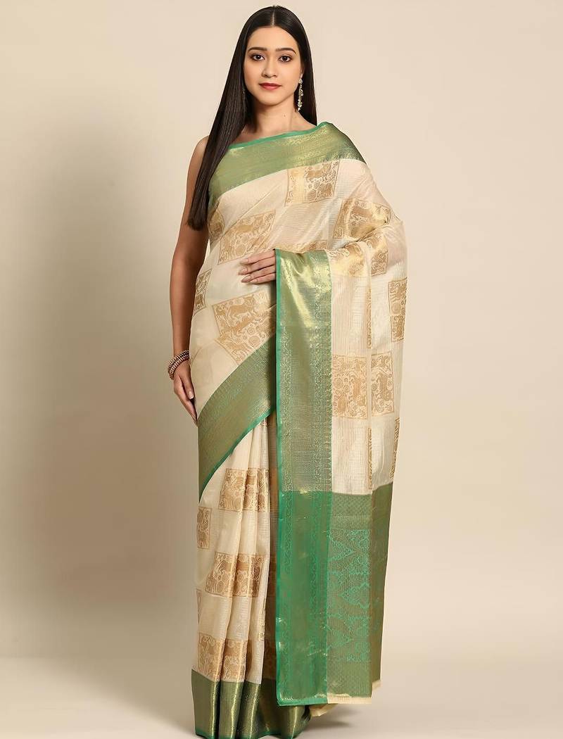 Cream green tissue woven zari work saree with blouse