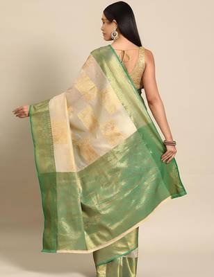 Cream green tissue woven zari work saree with blouse 2