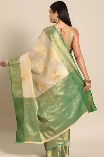 Cream green tissue woven zari work saree with blouse