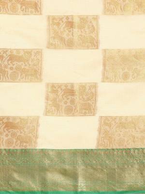 Cream green tissue woven zari work saree with blouse 4