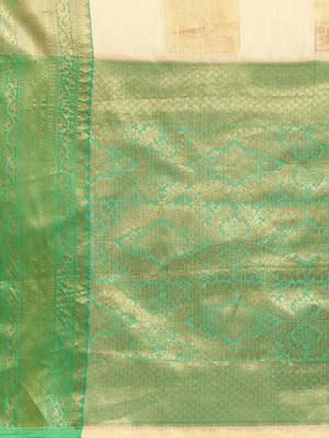 Cream green tissue woven zari work saree with blouse 5