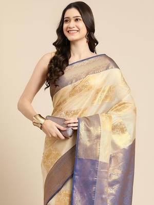 Cream dark blue tissue woven zari work saree with blouse 1