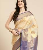 Cream dark blue tissue woven zari work saree with blouse