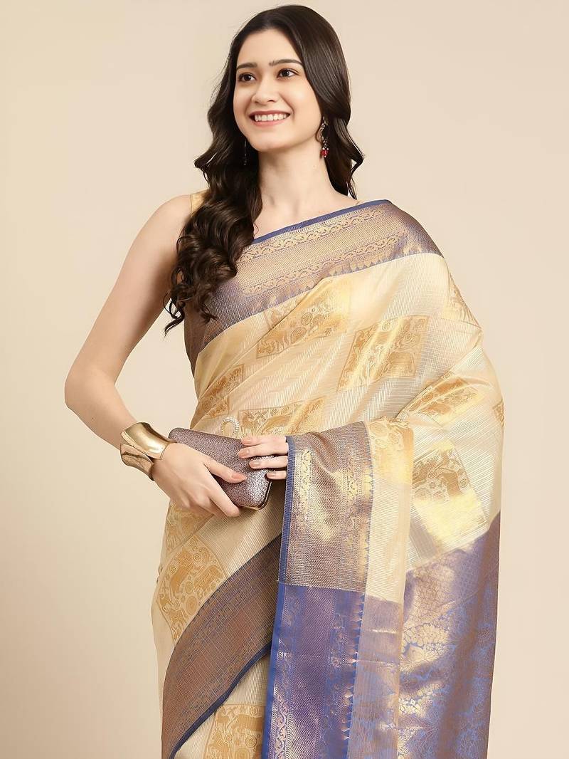Cream dark blue tissue woven zari work saree with blouse