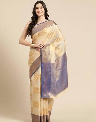 Cream dark blue tissue woven zari work saree with blouse 2