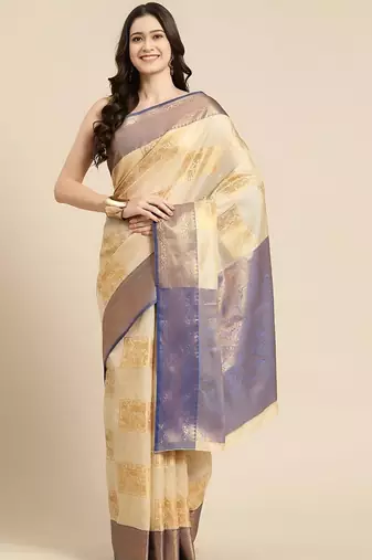 Cream dark blue tissue woven zari work saree with blouse