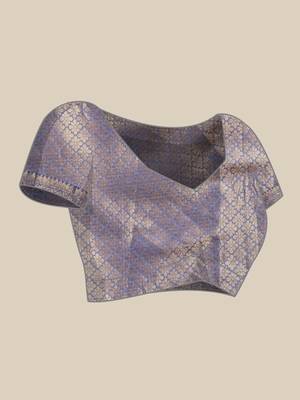 Cream dark blue tissue woven zari work saree with blouse 3