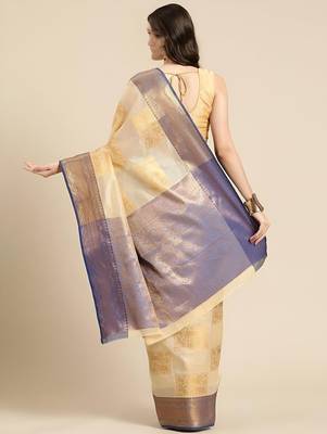 Cream dark blue tissue woven zari work saree with blouse 4