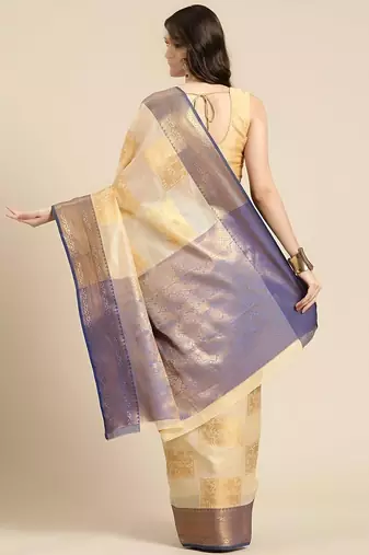 Cream dark blue tissue woven zari work saree with blouse