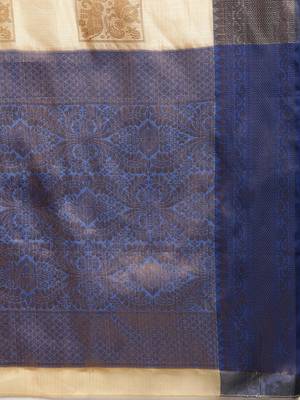 Cream dark blue tissue woven zari work saree with blouse 5