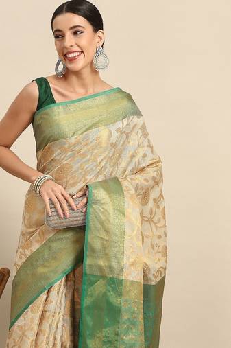 Green beige tissue woven zari work saree with blouse