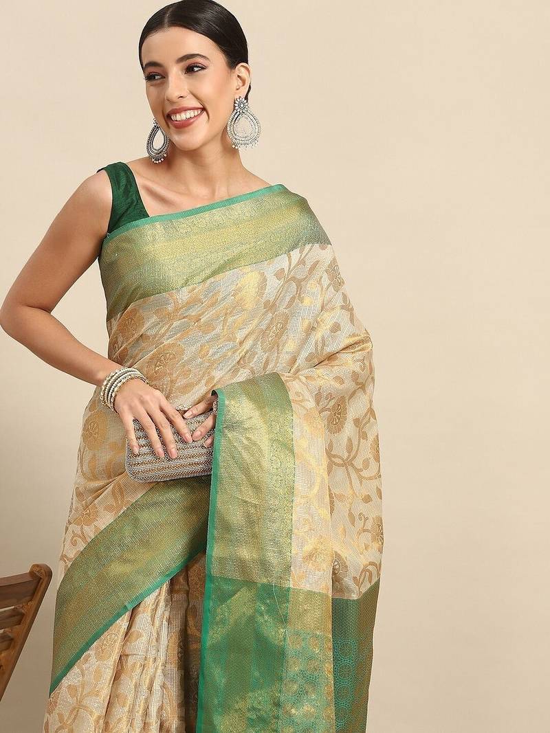 Green beige tissue woven zari work saree with blouse