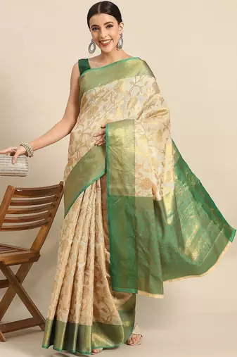 Green beige tissue woven zari work saree with blouse