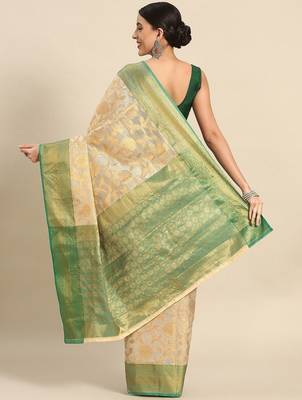 Green beige tissue woven zari work saree with blouse 3